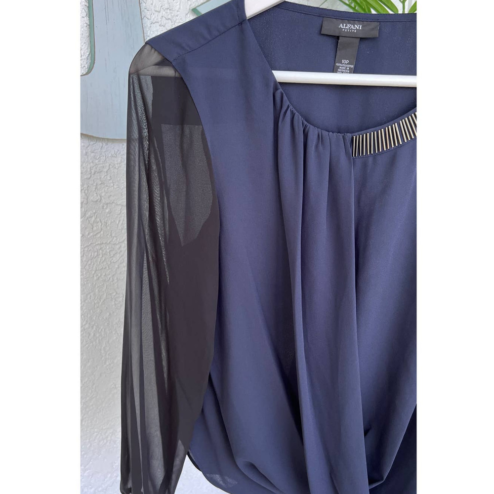 Alfani Navy Sheer Top Chiffon Sleeves Petite 10P Beaded Neckline Lightweight - Picture 3 of 12